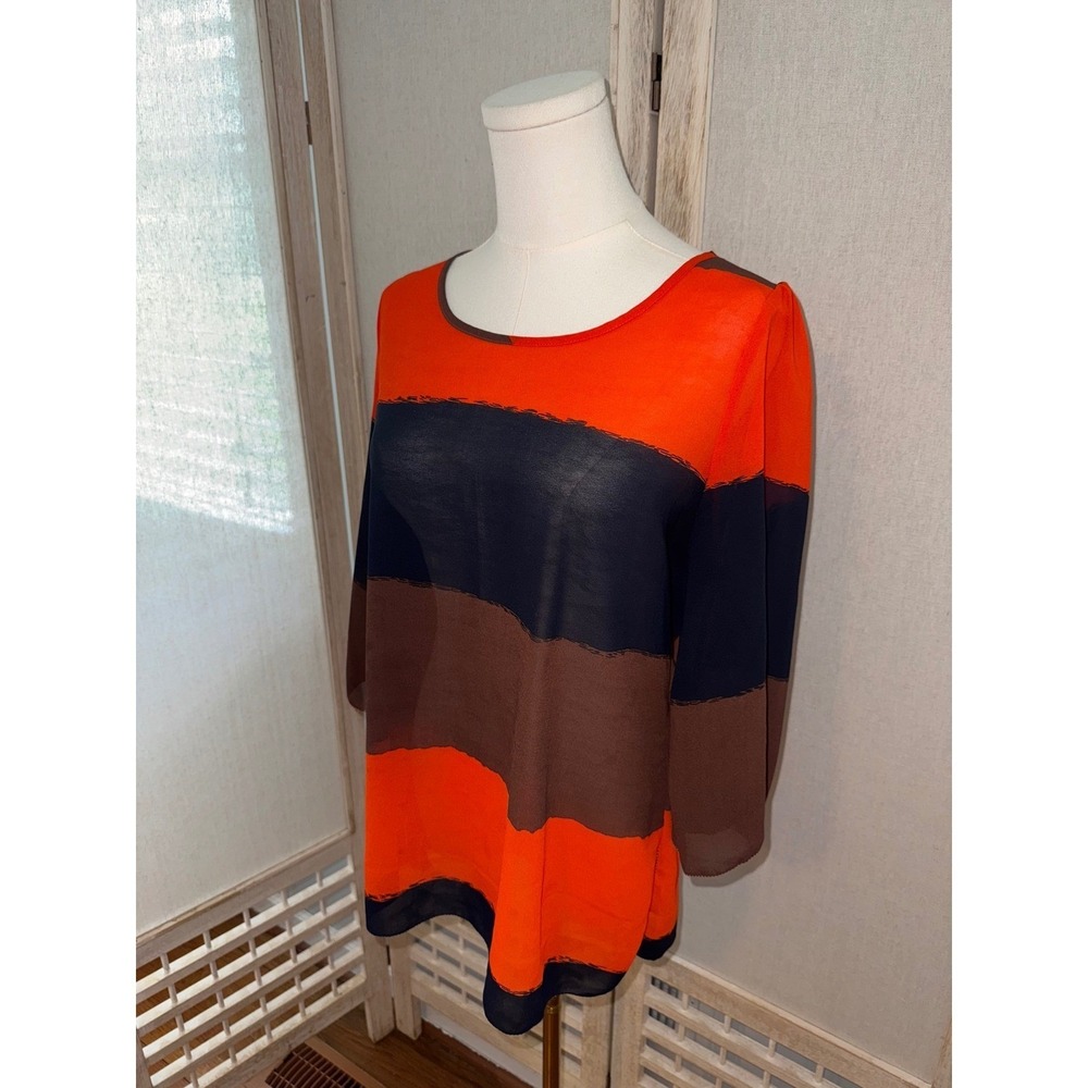 Umgee Striped Tunic Top Blouse 3/4 Sleeve Orange Brown Navy - Size Medium - Picture 4 of 7